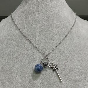 Wand Blue Spot Jasper Necklace Gemstone Charm Adjustable Stainless-Steel Chain